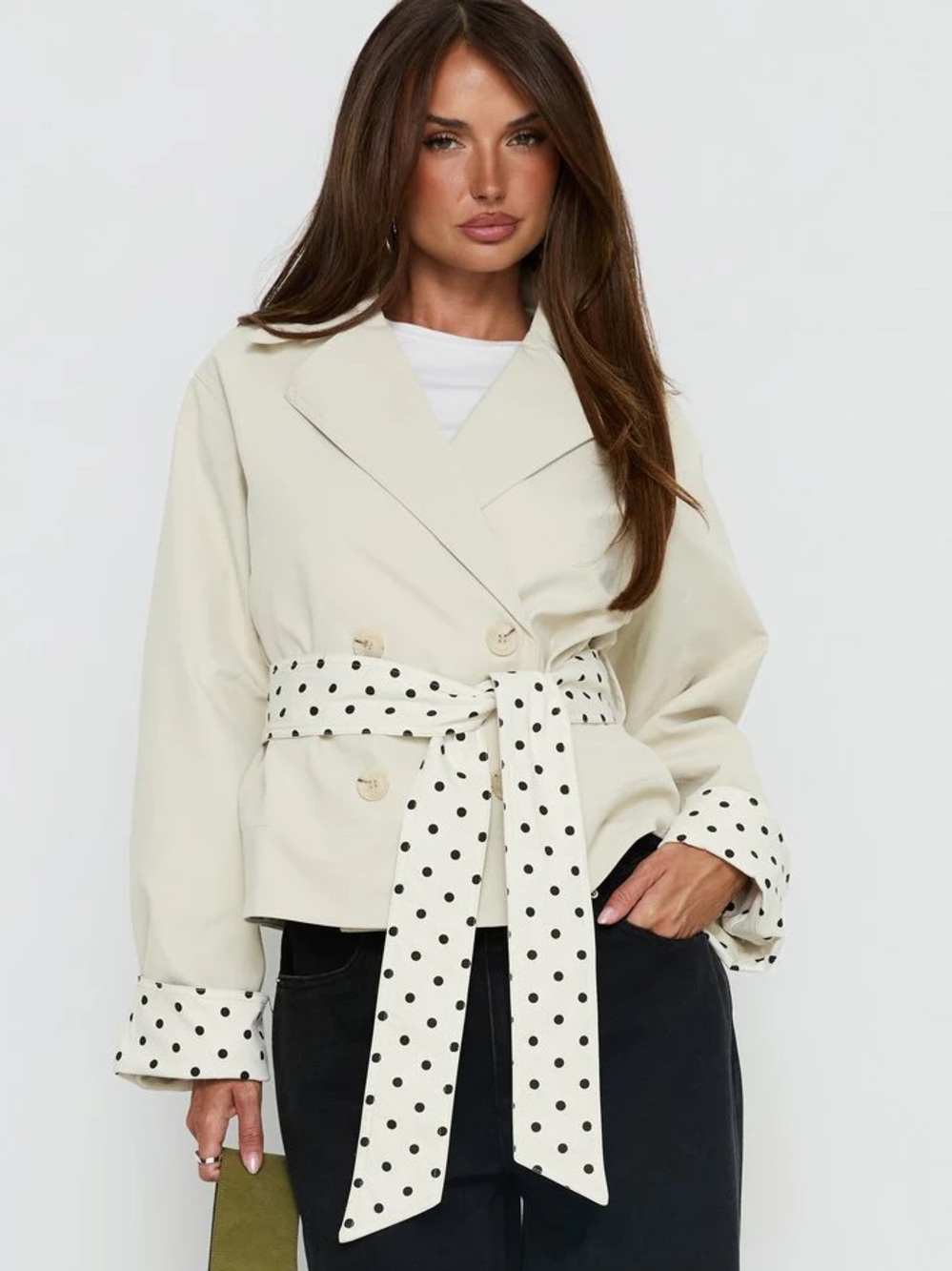 Princess Polly Meriana Cropped Trench Beige Polka Dot
